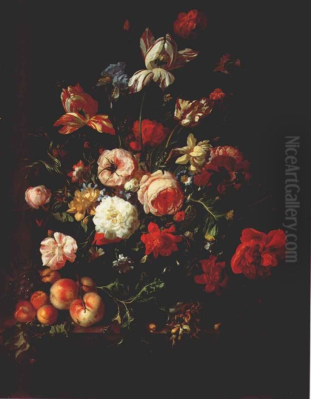 Flowers in a glass vase, with fruit, on a marble ledge Oil Painting by Rachel Ruysch