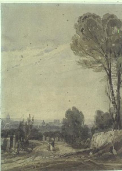Paris from Pere LachaiseFrancais:Paris vu du Pere Lachaise Oil Painting by Richard Parkes Bonington