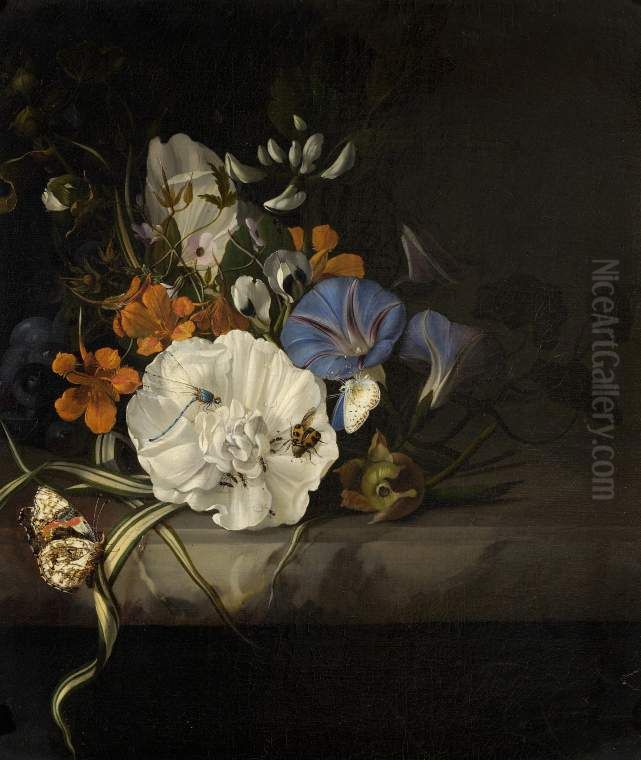 Posy of flowers, with insects and butterflies, on a marble ledge Oil Painting by Rachel Ruysch