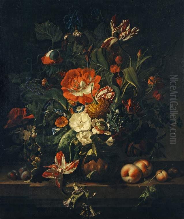 Flowers in a terracotta vase, and fruit, on a stone parapet Oil Painting by Rachel Ruysch