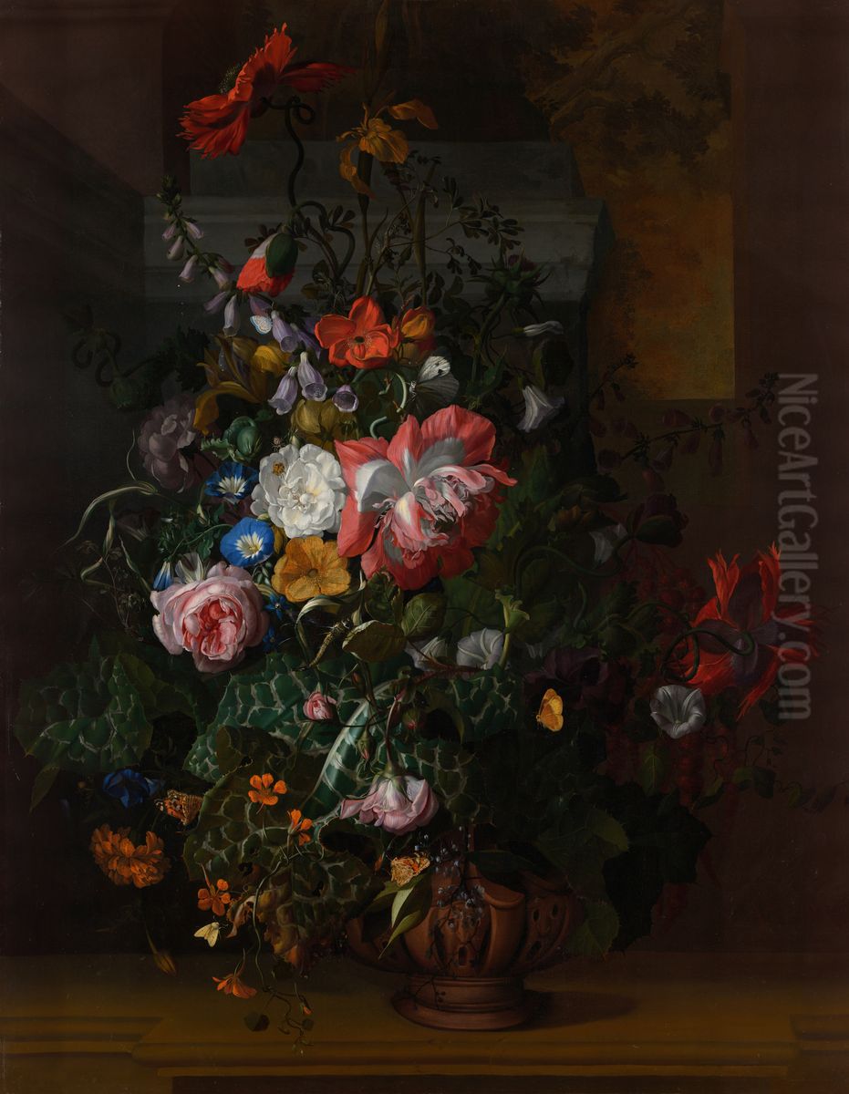 Roses, Convolvulus, Poppies, and Other Flowers in an Urn on a Stone Ledge Oil Painting by Rachel Ruysch