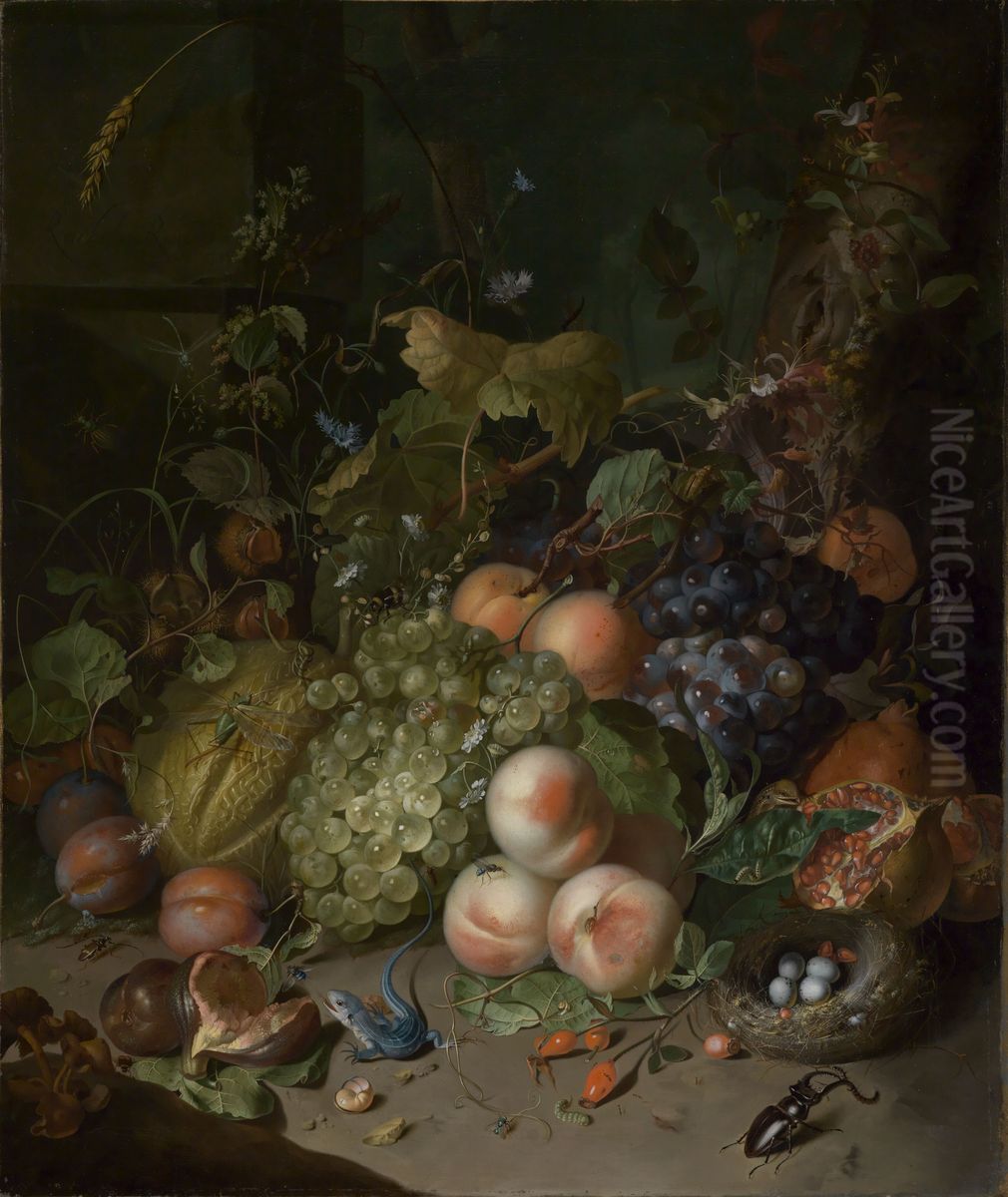 Fruit, a nest, a lizard and insects in a wood Oil Painting by Rachel Ruysch