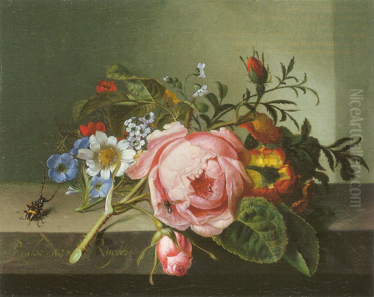 Rosenzweig mit Kafer und Biene Oil Painting by Rachel Ruysch