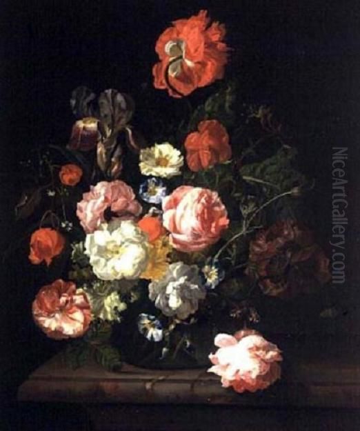 Flowers in a Glass Vase Oil Painting by Rachel Ruysch
