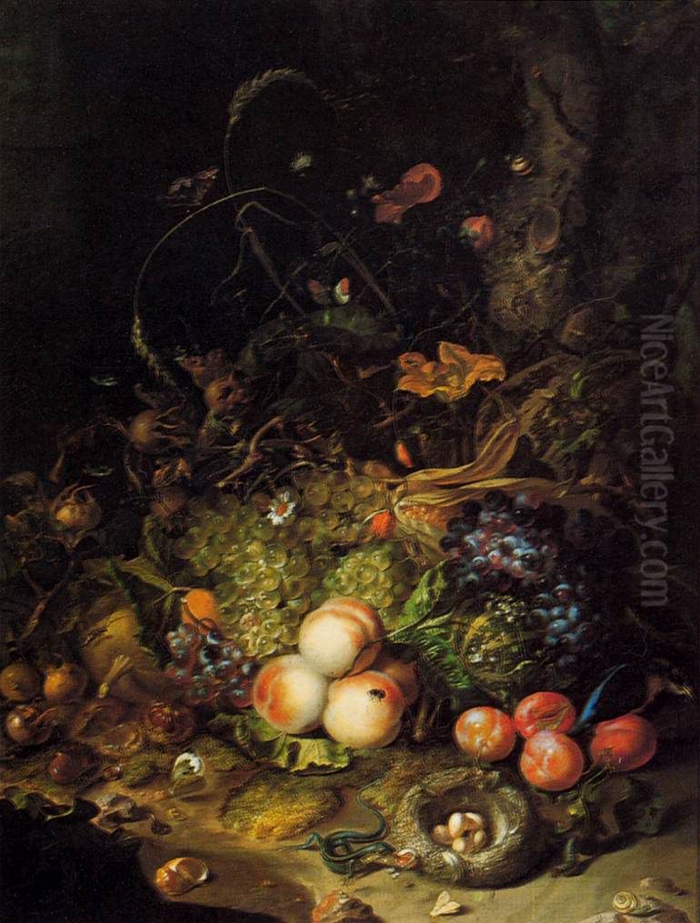 Natura morta con frutti, fiori, rettili ed insetti Oil Painting by Rachel Ruysch