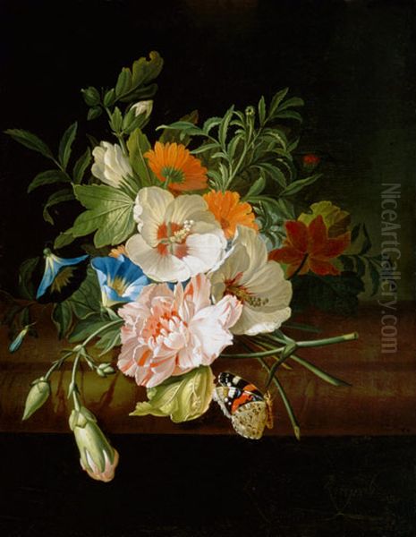 Posy of flowers, with a red admiral butterfly, on a marble ledge Oil Painting by Rachel Ruysch