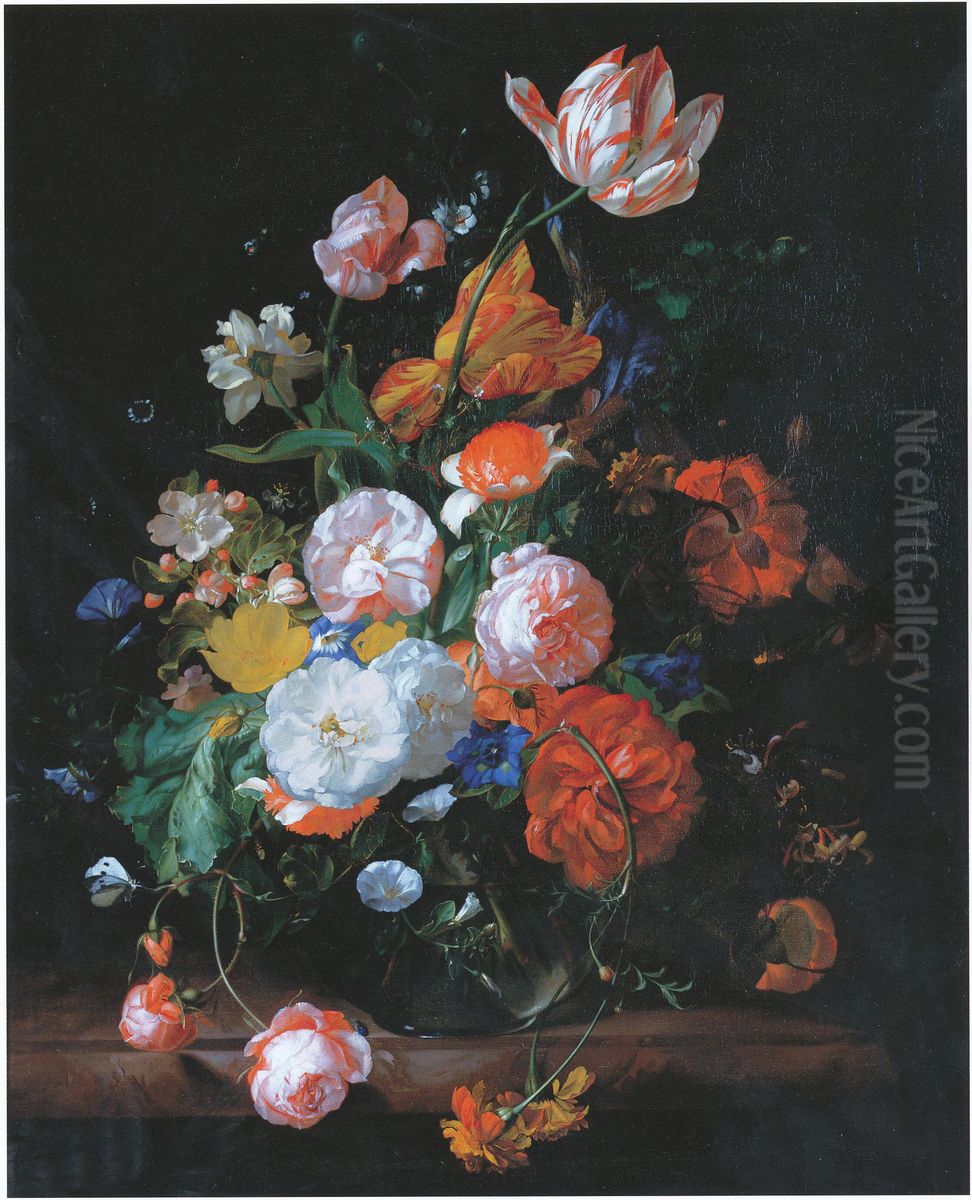 Roses, tulips and other flowers in a glass vase on a marble ledge Oil Painting by Rachel Ruysch