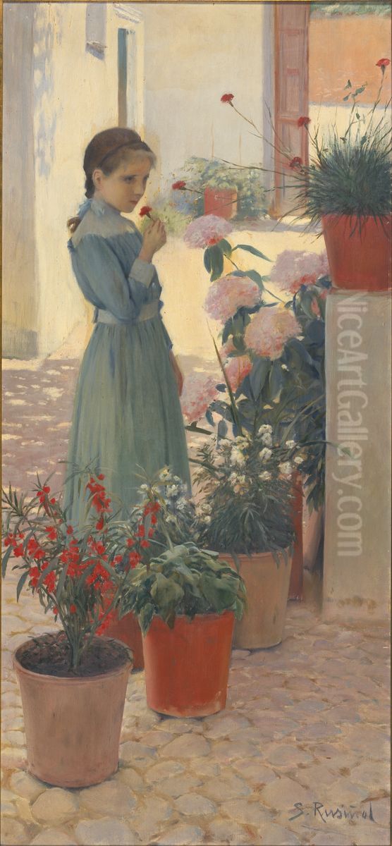 La nena de la clavellina Oil Painting by Santiago Rusinol i Prats