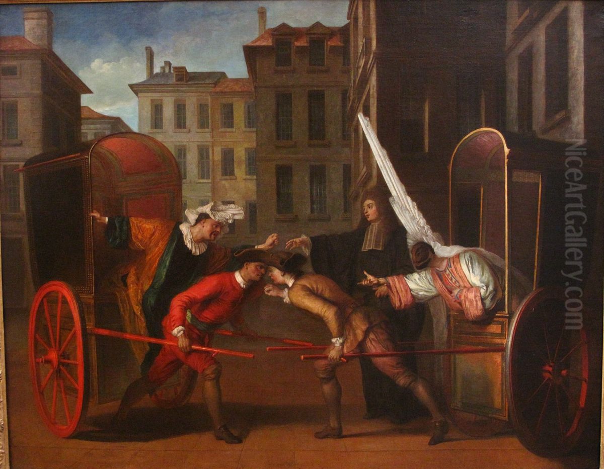 Les deux carrosses. Oil Painting by Claude Gillot