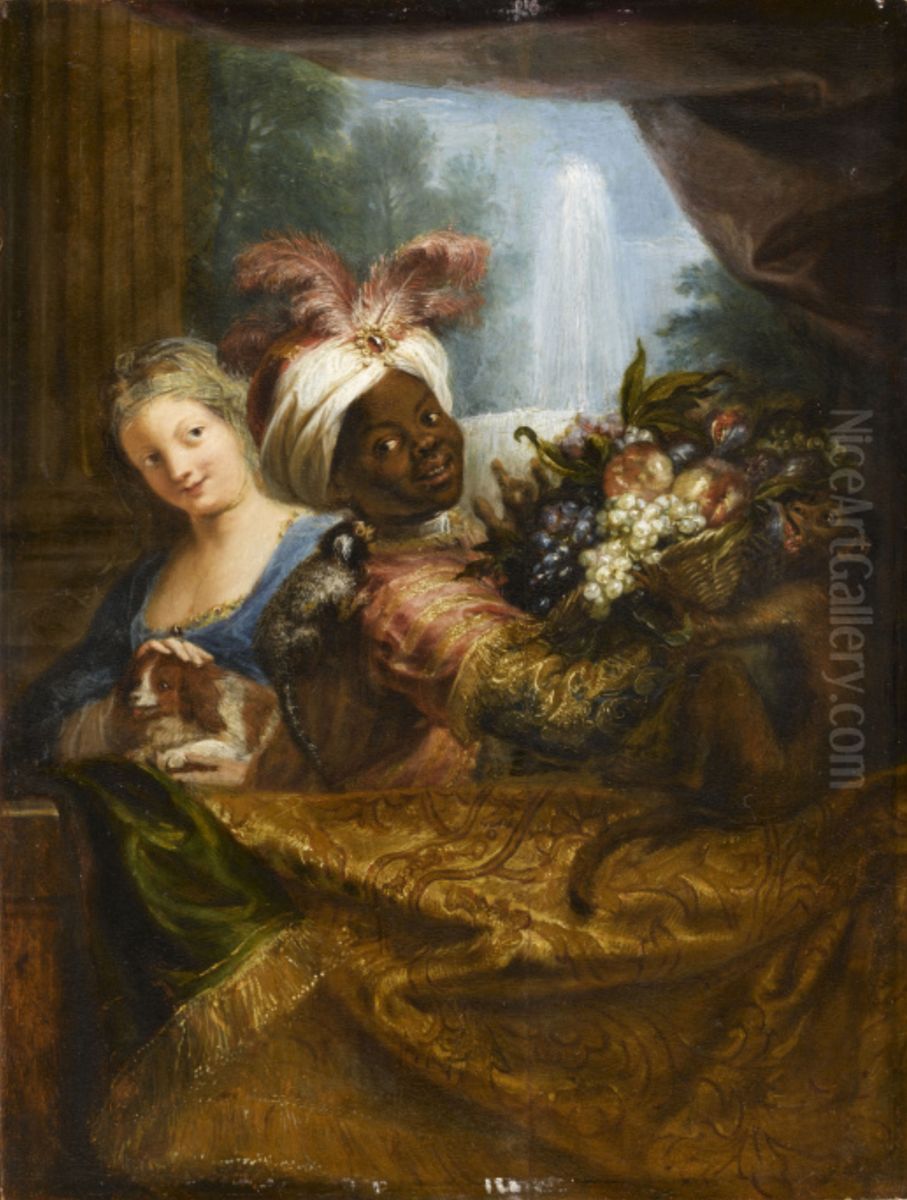 Young black boy holding a fruit basket and a girl stroking a dog Oil Painting by Antoine Coypel