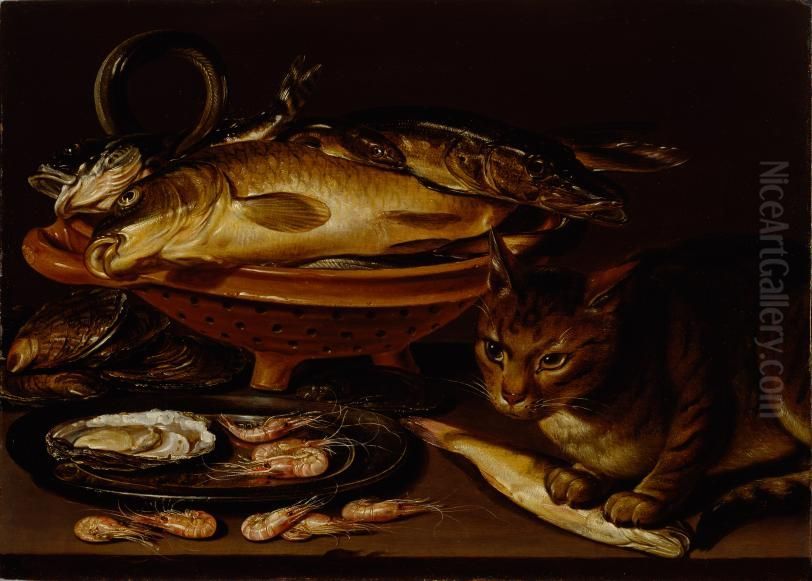 Still life with fish and cat Oil Painting by Clara Peeters