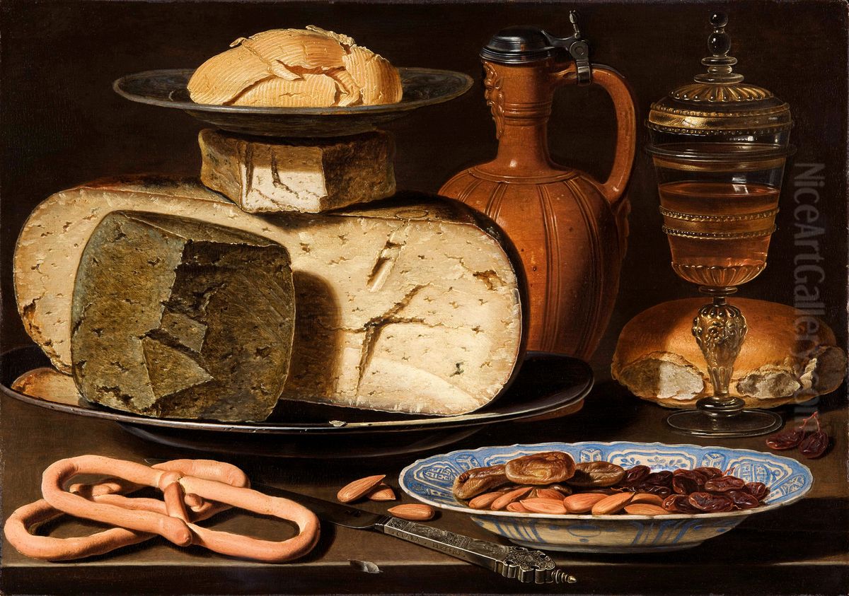 Stilleven met kazen, amandelen en krakelingen Oil Painting by Clara Peeters