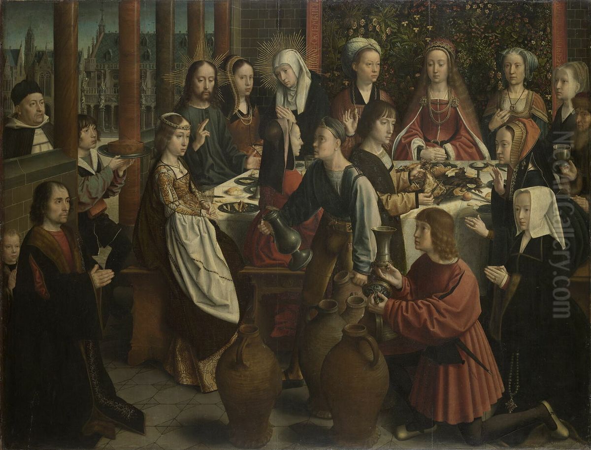 Jesus orders six jars to be filled with water during the wedding meal at Cana (John 2) Oil Painting by Gerard David