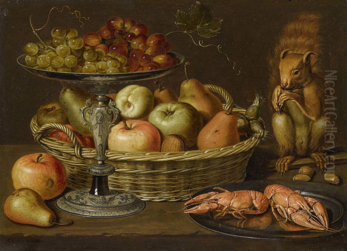 Still life with grapes on a tazza, a basket of fruit, two crayfish on a plate and a squirrel Oil Painting by Clara Peeters