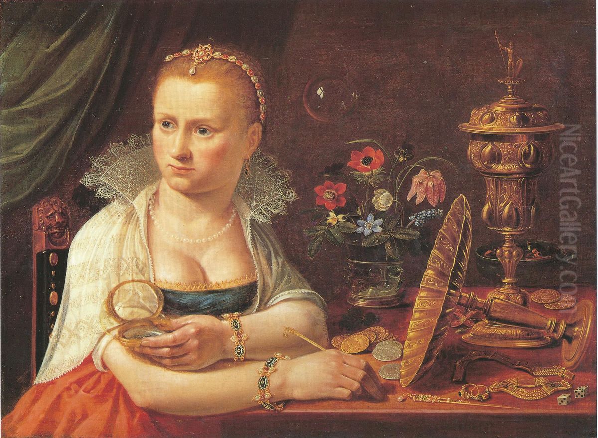 Possibly self-portrait of  Clara Peeters, seated at a tabel with precious objects Oil Painting by Clara Peeters