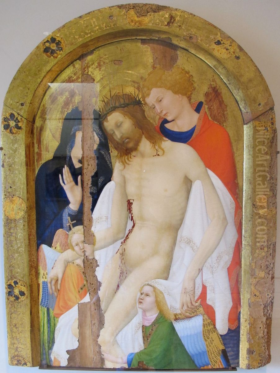 Le Christ de pitie soutenu par saint Jean l'Evangeliste en presence de la Vierge et de deux anges. Oil Painting by Jean Malouel