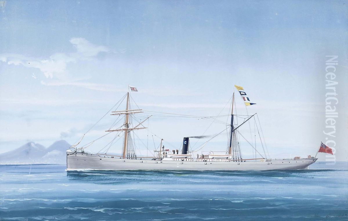 The English Steamship 
Beaconsfield 
 In The Bay Of Naples, Vesuvius Beyond Oil Painting by Juan Carratala