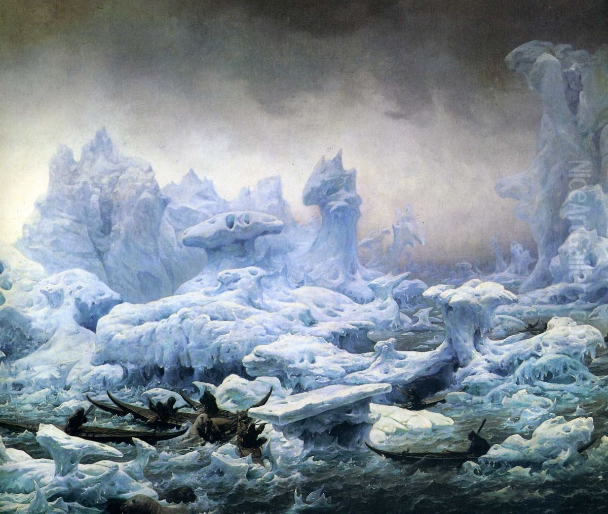 Greenlanders Hunting Walruses in the Arctic Sea Oil Painting by Francois-Auguste Biard