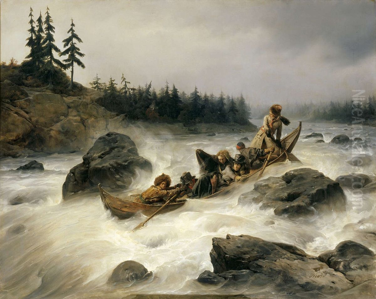 The Duke of Orleans riding dawn the great rapid of Eijanpaikka at the Muonio River (Lapland), August 1795 Oil Painting by Francois-Auguste Biard