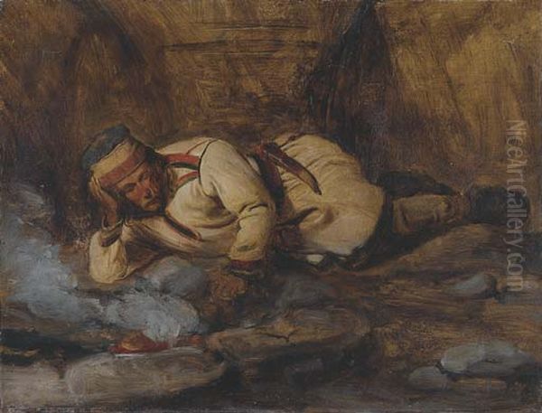 A Laplander asleep by a fire . Oil Painting by Francois-Auguste Biard