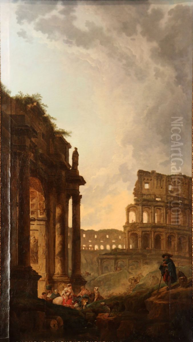 Passage d'un troupeau devant le colisee et l'arc de Constantin a Rome Oil Painting by Hubert Robert