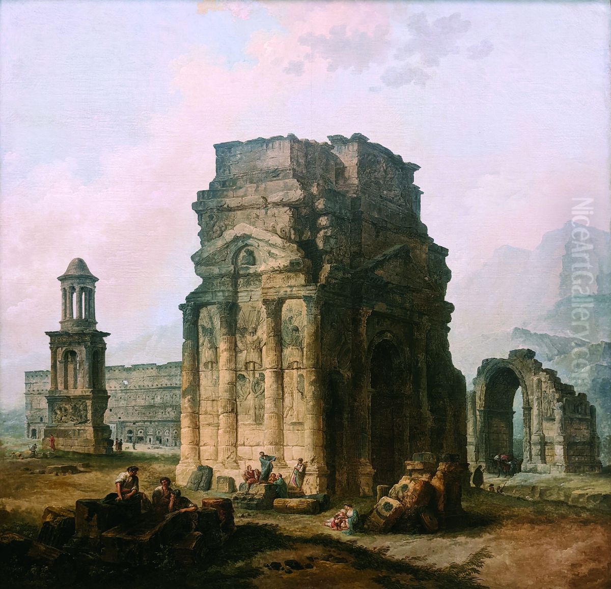 L'Arc de triomphe et le theatre d'Orange Oil Painting by Hubert Robert