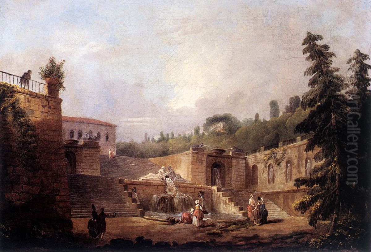 Fountain on a Palace Terrace Oil Painting by Hubert Robert