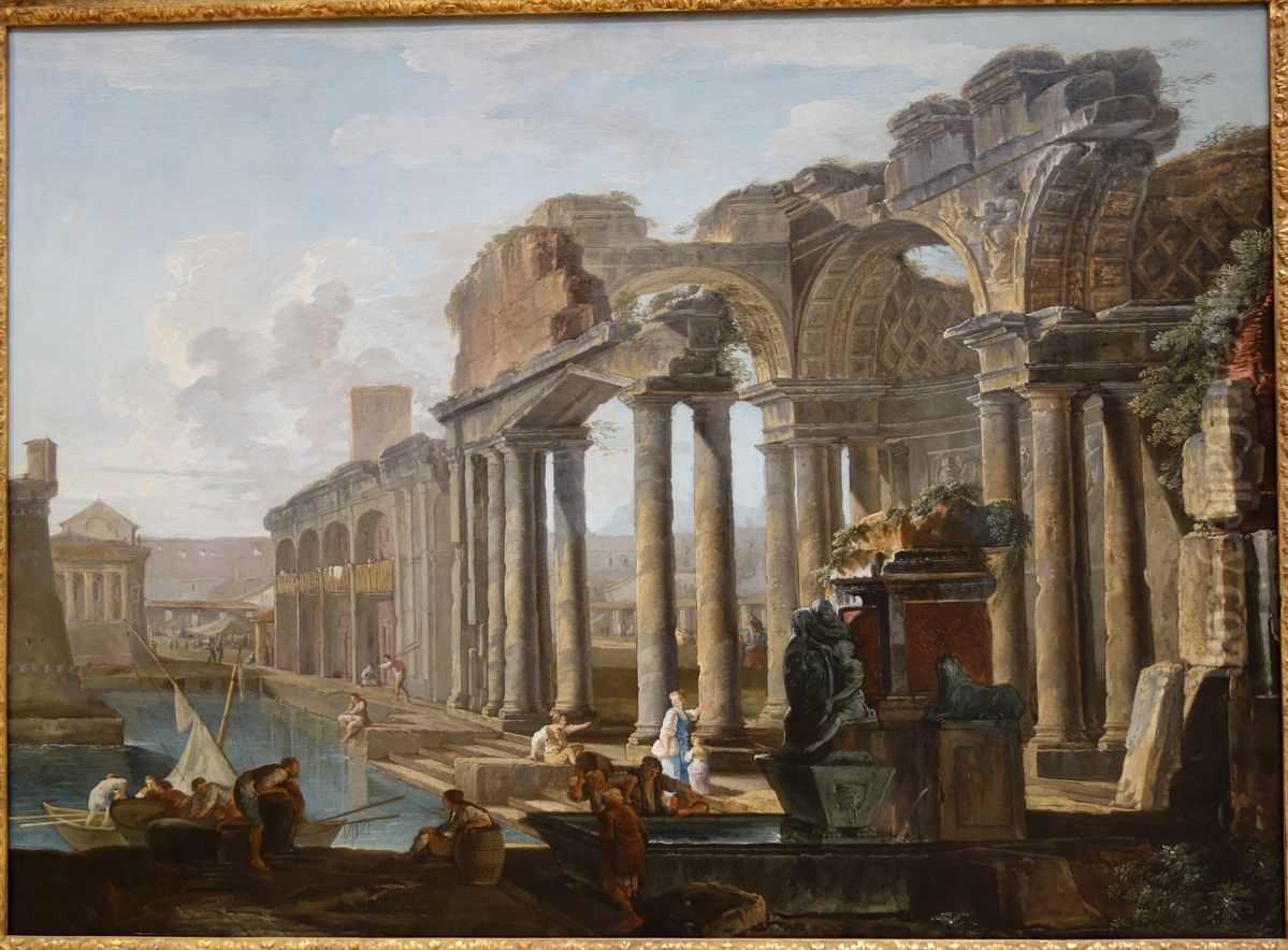 Capriccio of Classical Ruins with Boats Oil Painting by Hubert Robert