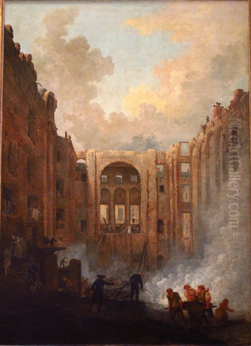 La fin de l'incendie du theatre de l'Opera de Paris, deuxieme salle duPalais-Royal, le 8 juin 1781. Oil Painting by Hubert Robert