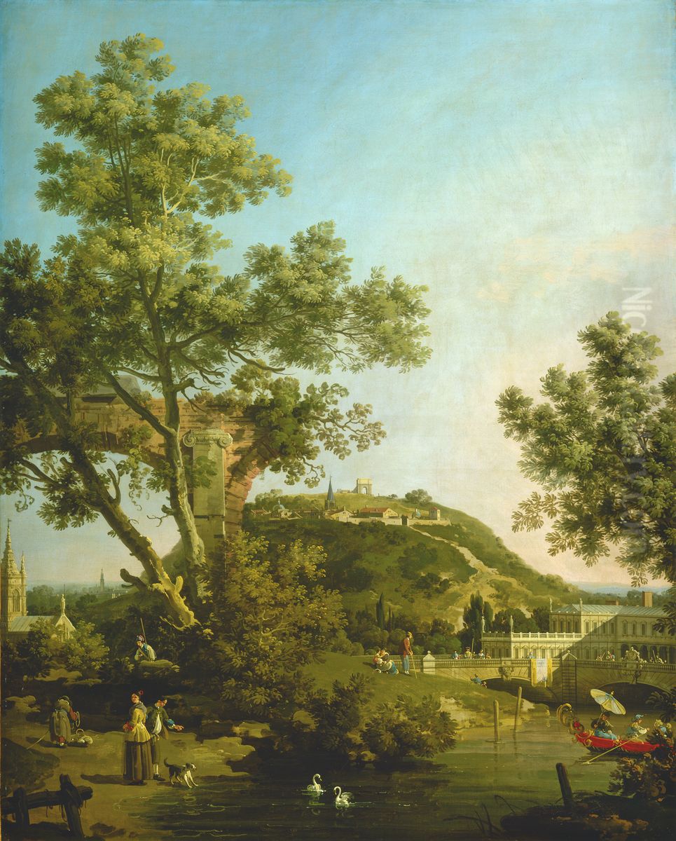 English Landscape Capriccio with a Palace Oil Painting by Canaletto