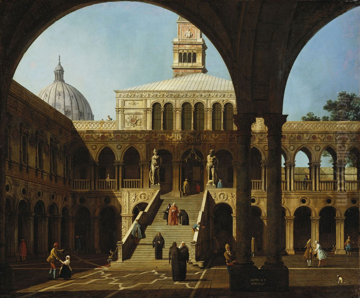 Capriccio View of the Courtyard of the Palazzo Ducale with the Scala dei Giganti Oil Painting by Canaletto