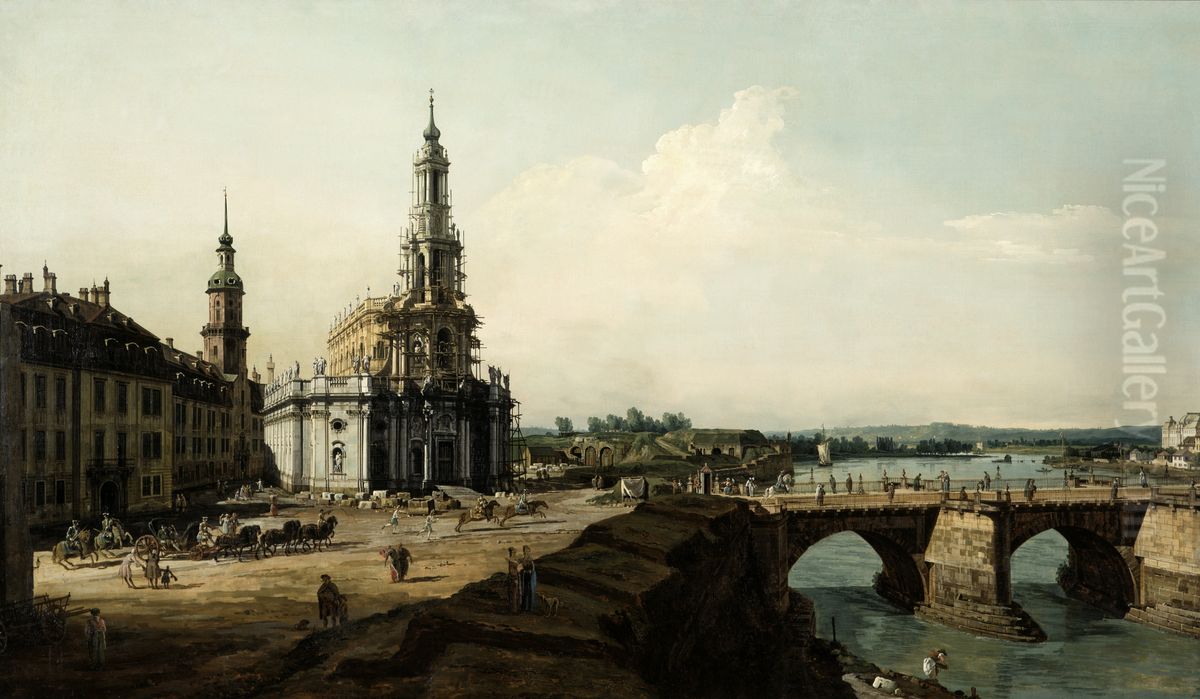 Dresden from the left Bank of the Elbe above the Bridgehead of the Old Town Oil Painting by Bernardo Bellotto