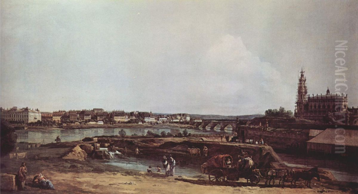 Ansicht von Dresden vom linken Elbufer, Die Bastion Sol mit Augustusbrucke und der Hofkirche Oil Painting by Bernardo Bellotto