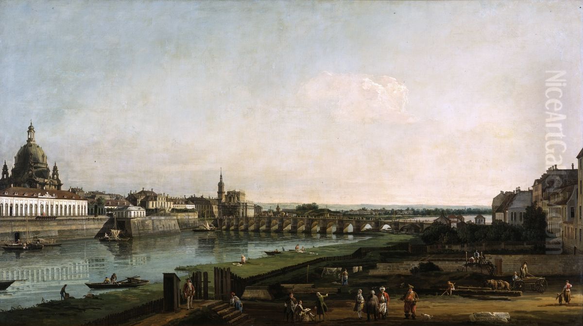 Dresden from the Right Bank of the Elbe, above the Augustusbrucke Oil Painting by Bernardo Bellotto