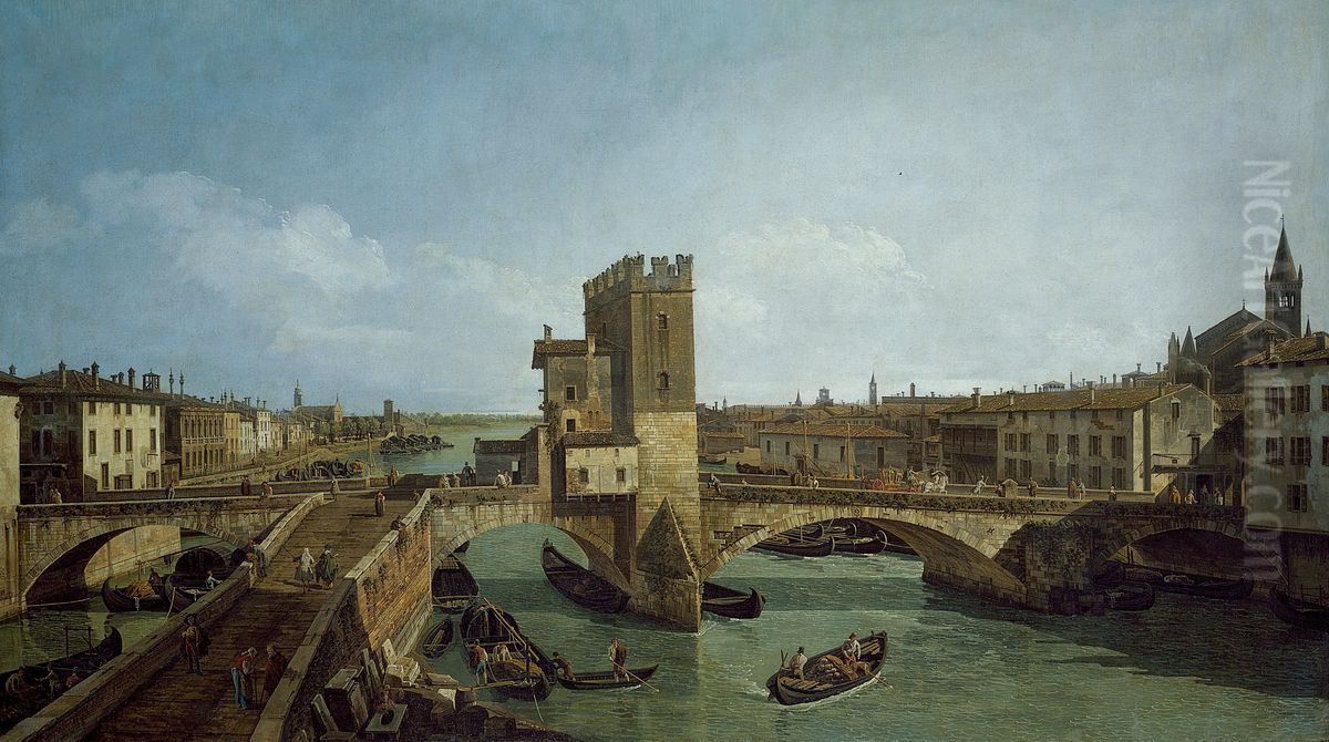 The Old Ponte delle Navi in Verona Oil Painting by Bernardo Bellotto