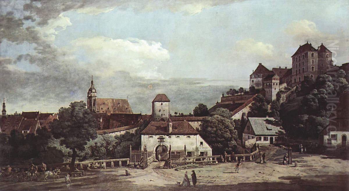 Ansicht von PirnaPirna von der Sudseite aus gesehen, mit Befestigungsanlagen und Obertor (Stadttor) sowie Festung Sonnenstein Oil Painting by Bernardo Bellotto