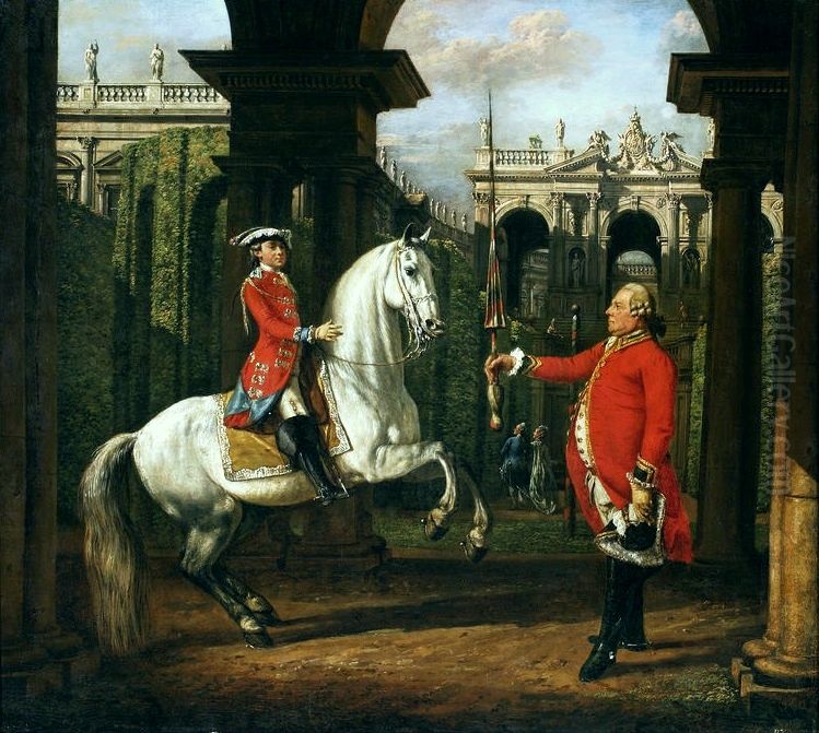 Colonel Konigsfels teaching Prince Jozef Poniatowski how to ride Oil Painting by Bernardo Bellotto