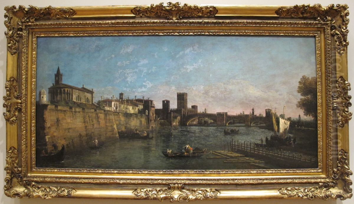 View of Verona with the Castelvecchio and Ponte Scaligero Oil Painting by Bernardo Bellotto