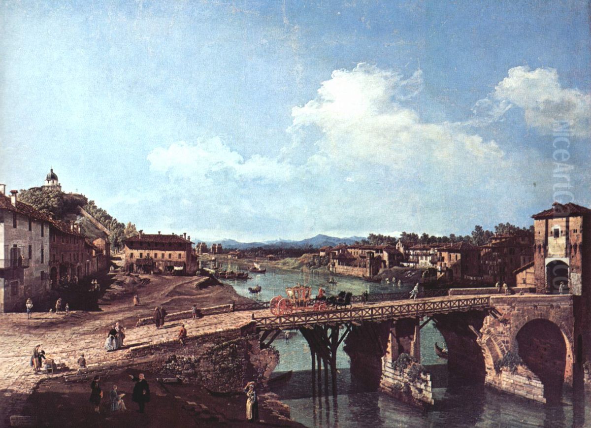 Turin, Blick von Nordosten auf die antike Brucke uber den Po Oil Painting by Bernardo Bellotto