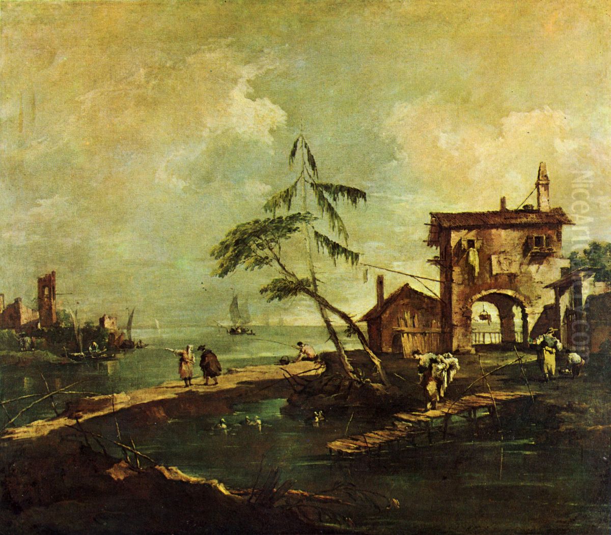 Capriccio, Szene: Baufallige Kirche, Bauernhaus und Figuren an einem Fluss der Lagune Oil Painting by Francesco Guardi