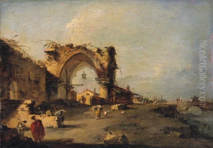 View of a Village with a Bridge and a Ruined Monumental Gothic Door Oil Painting by Francesco Guardi