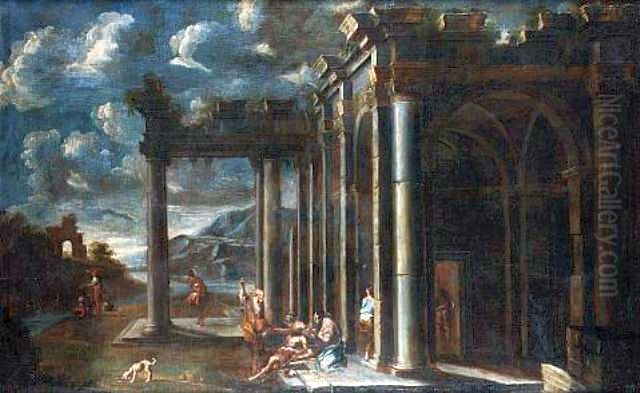 An architectural capriccio with Christ giving the keys to Peter Oil Painting by Clemente Spera