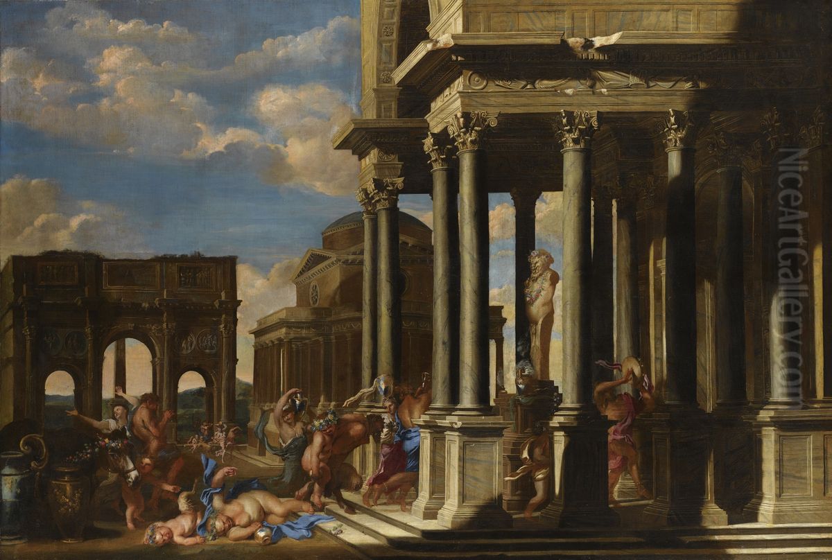 An Architectural Capriccio with a Bacchanalian Procession. Oil Painting by Filippo Gagliardi