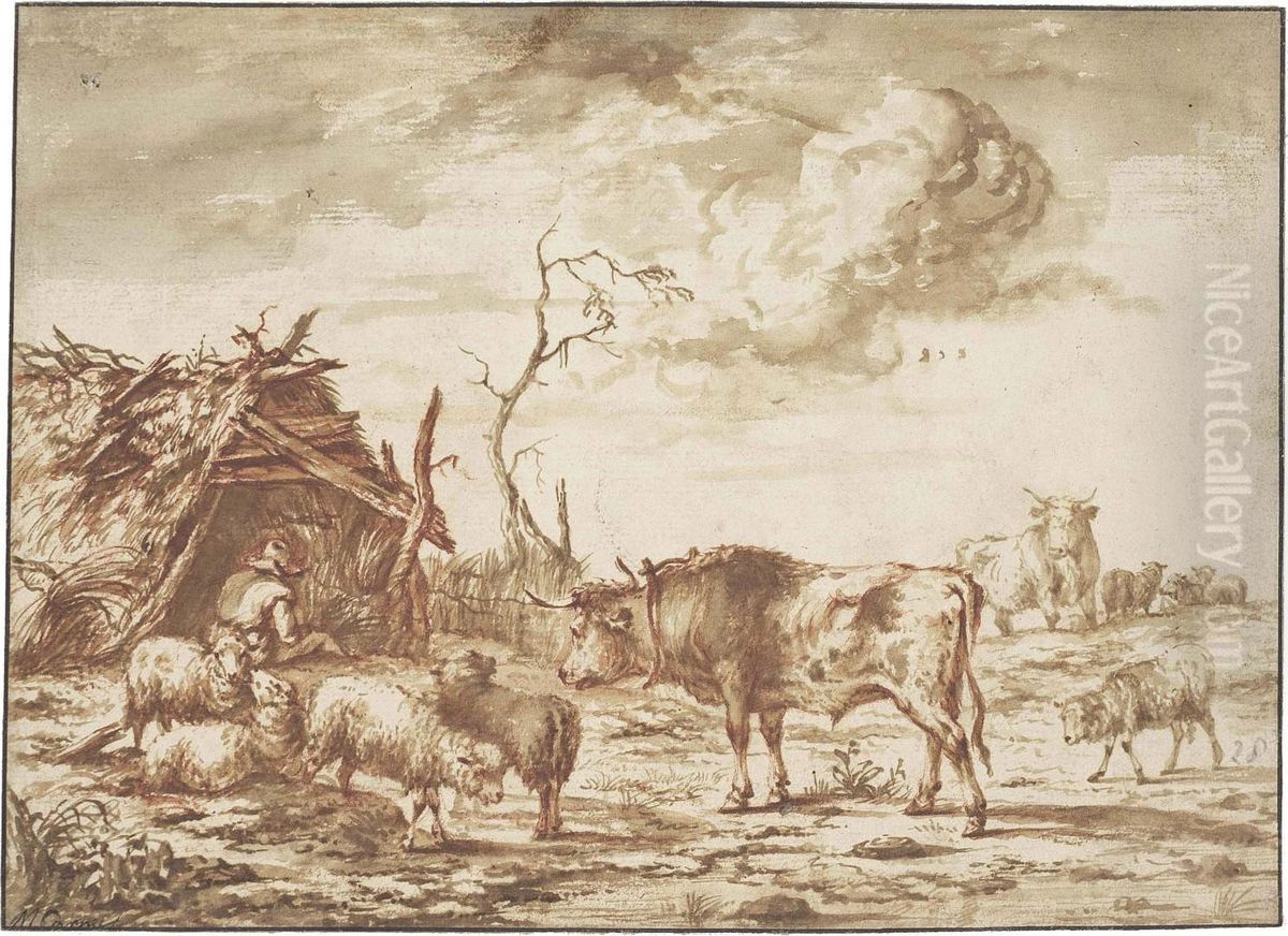 A Herdsman With His Cattle Oil Painting by Michiel Carre