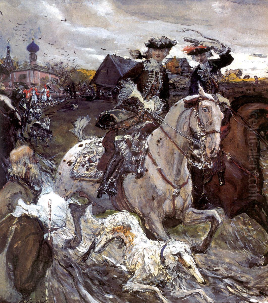 Peter II and Princess Elizabeth Petrovna Riding to Hound Oil Painting by Valentin Serov