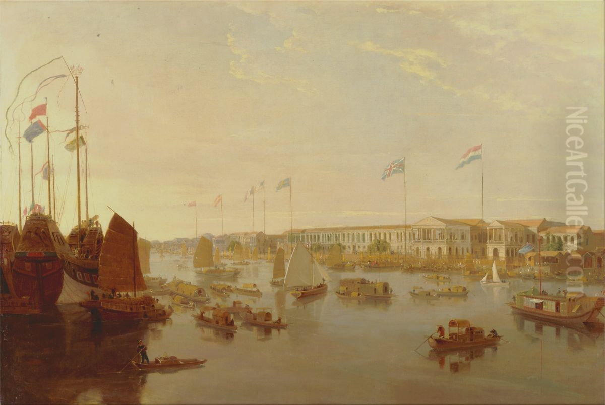 The European Factories, Canton Oil Painting by William Daniell RA