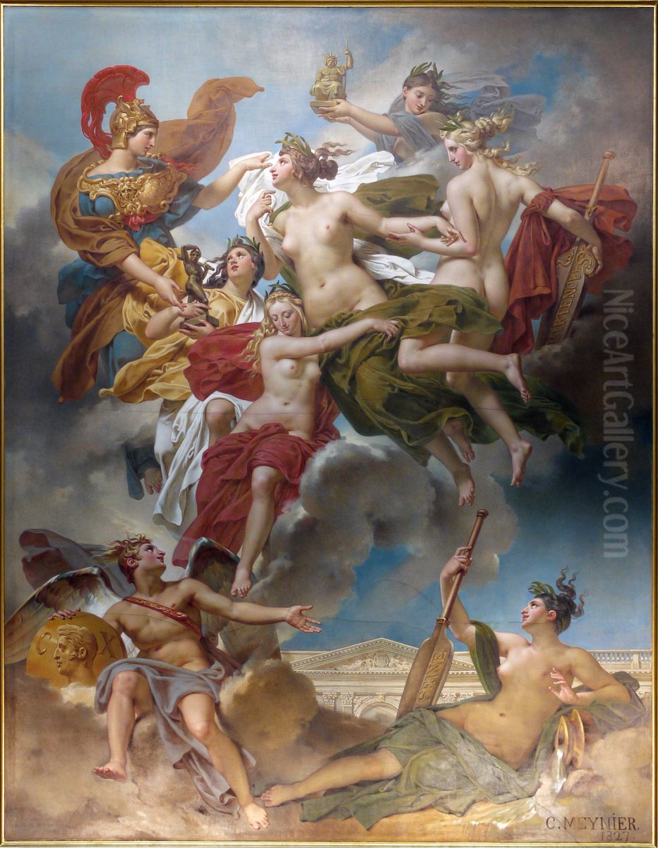Les Nymphes de Parthenope, emportant loin de leurs rivages les Penates, images de leurs dieux, sont conduites par la deesse des Beaux-Arts sur les bords de la Seine Oil Painting by Charles Meynier
