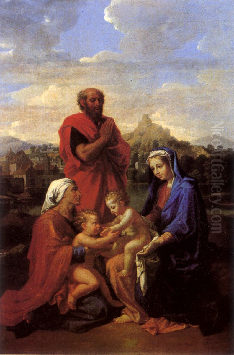 La Sainte Famille avec saint Jean, sainte Elisabeth et saint Joseph priant Oil Painting by Nicolas Poussin