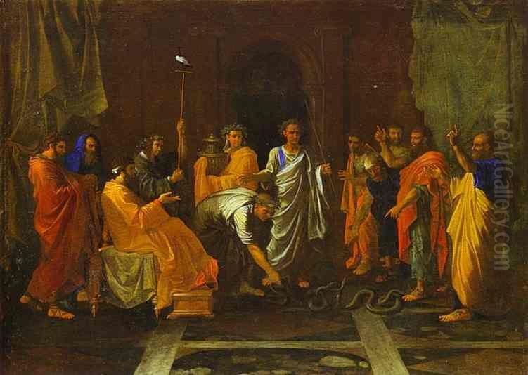 Moise changeant en serpent la verge d'Aaron Oil Painting by Nicolas Poussin
