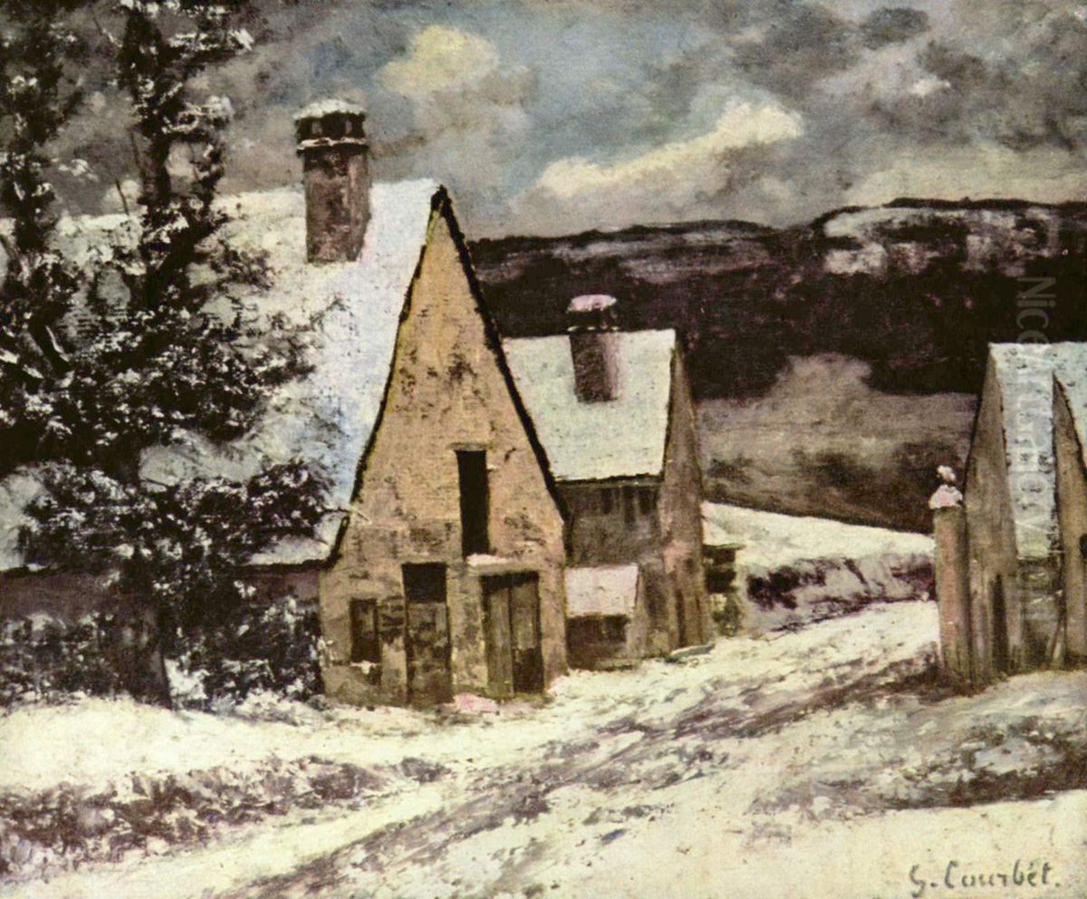 Village Street in Winter Oil Painting by Gustave Courbet